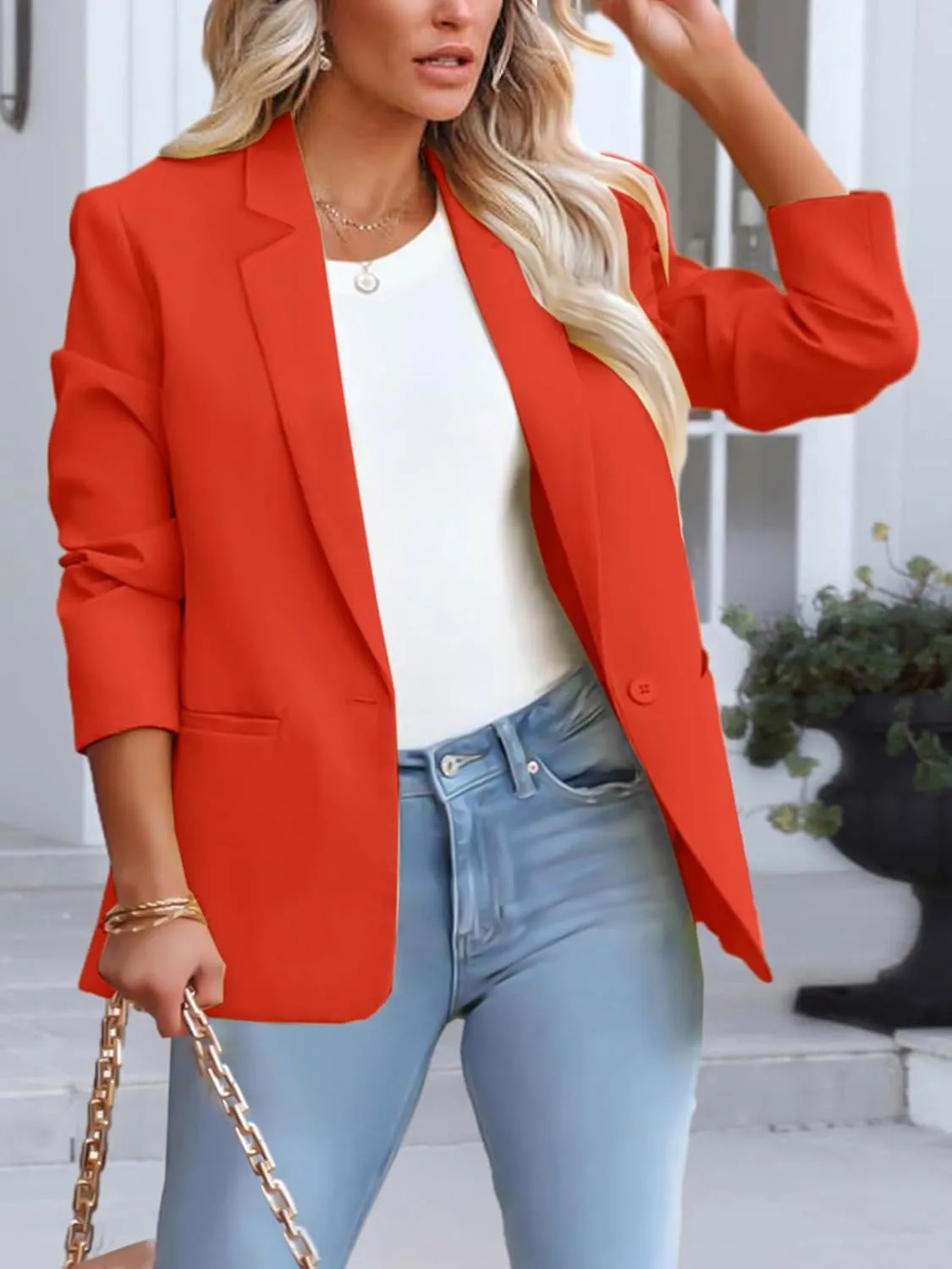 Women's Casual Blazer 2024 Spring Open Front Button Business Office Blazer Lapel with Pockets