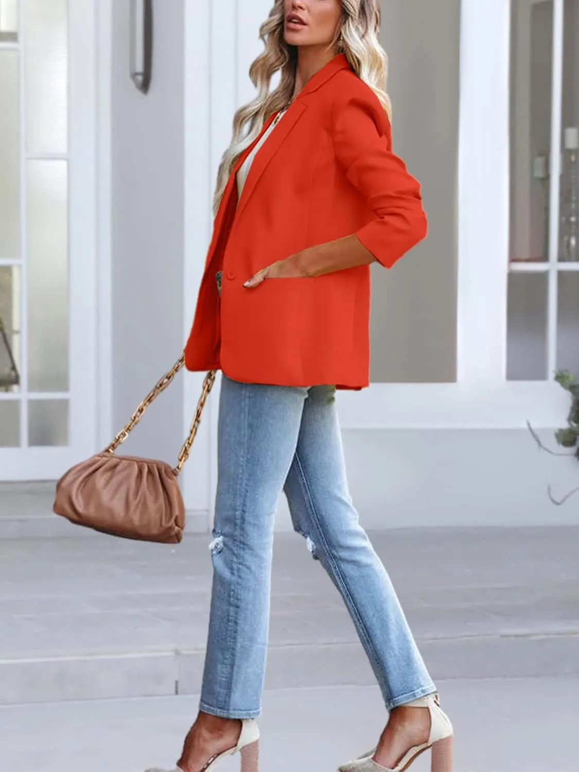 Women's Casual Blazer 2024 Spring Open Front Button Business Office Blazer Lapel with Pockets