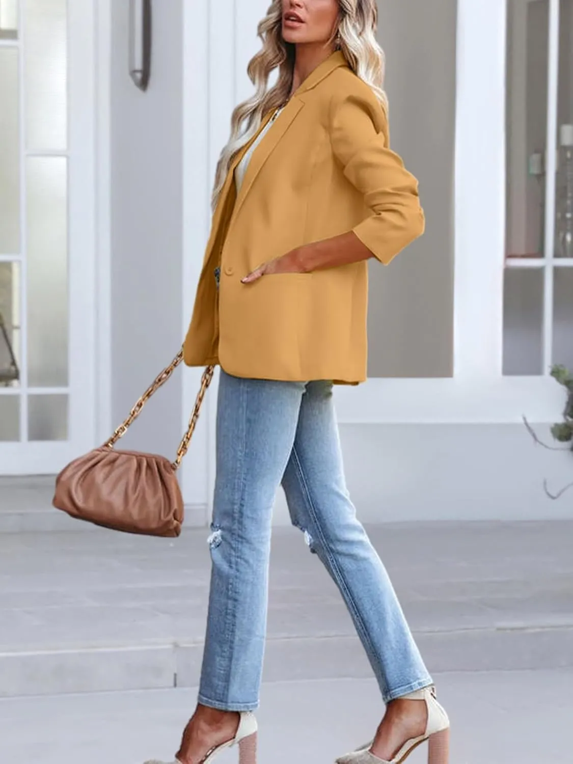 Women's Casual Blazer 2024 Spring Open Front Button Business Office Blazer Lapel with Pockets