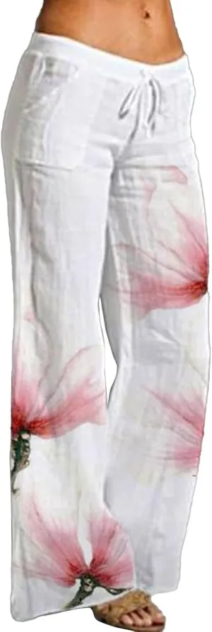 Women's Casual High Waist Pants Linen Boho Floral Wide Leg Lightweight Lounge Pant Flowy Summer Beach Cool Trousers