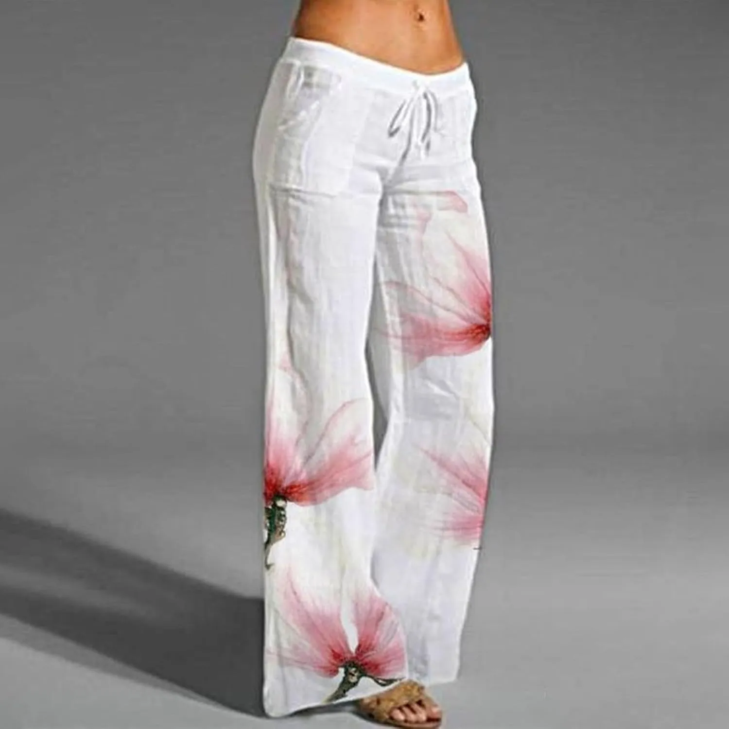 Women's Casual High Waist Pants Linen Boho Floral Wide Leg Lightweight Lounge Pant Flowy Summer Beach Cool Trousers