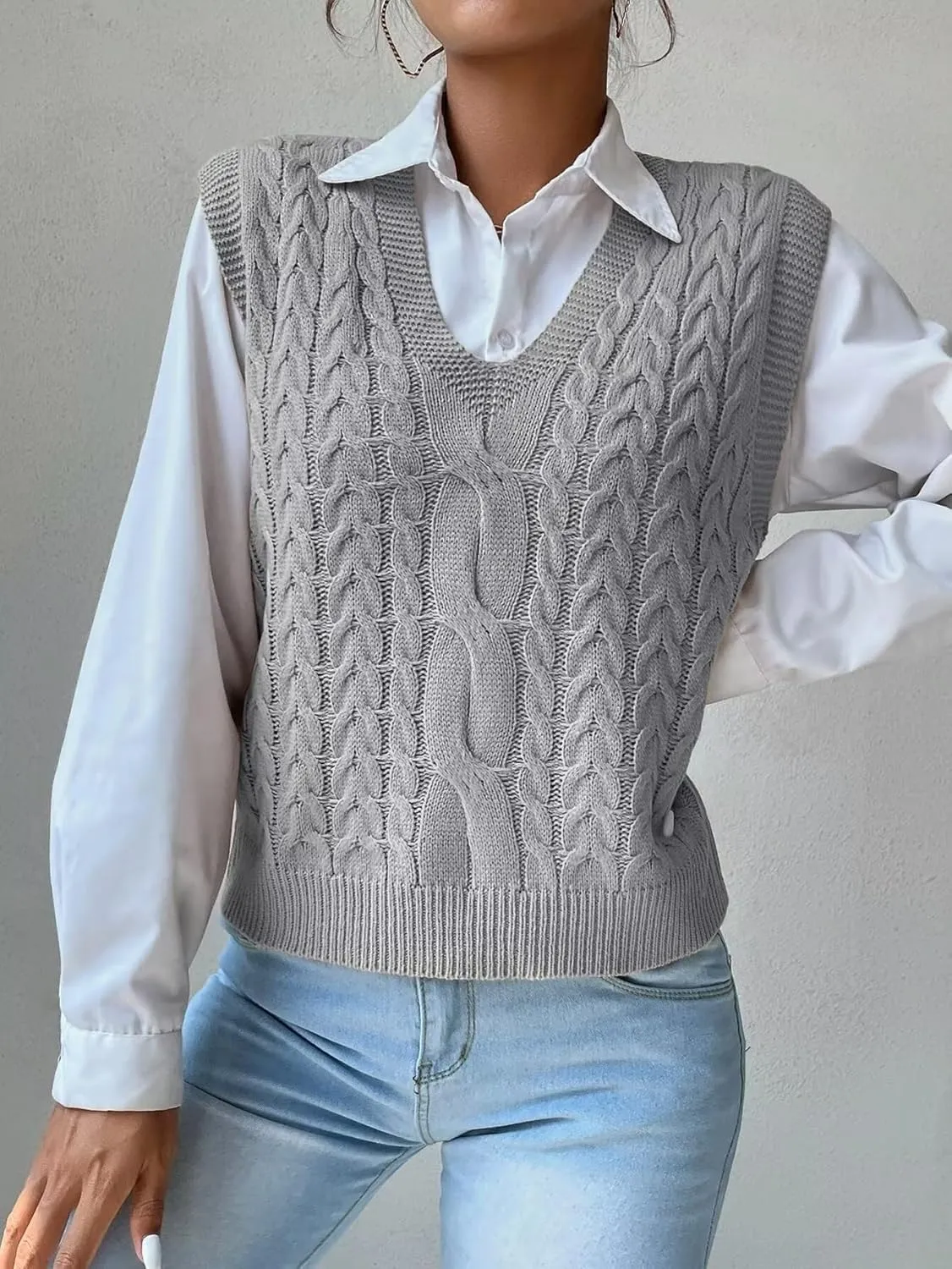 Women's Casual V Neck Cable Knit Sweater Vest Solid Sleeveless Tank Tops Women Vest
