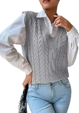 Women's Casual V Neck Cable Knit Sweater Vest Solid Sleeveless Tank Tops Women Vest
