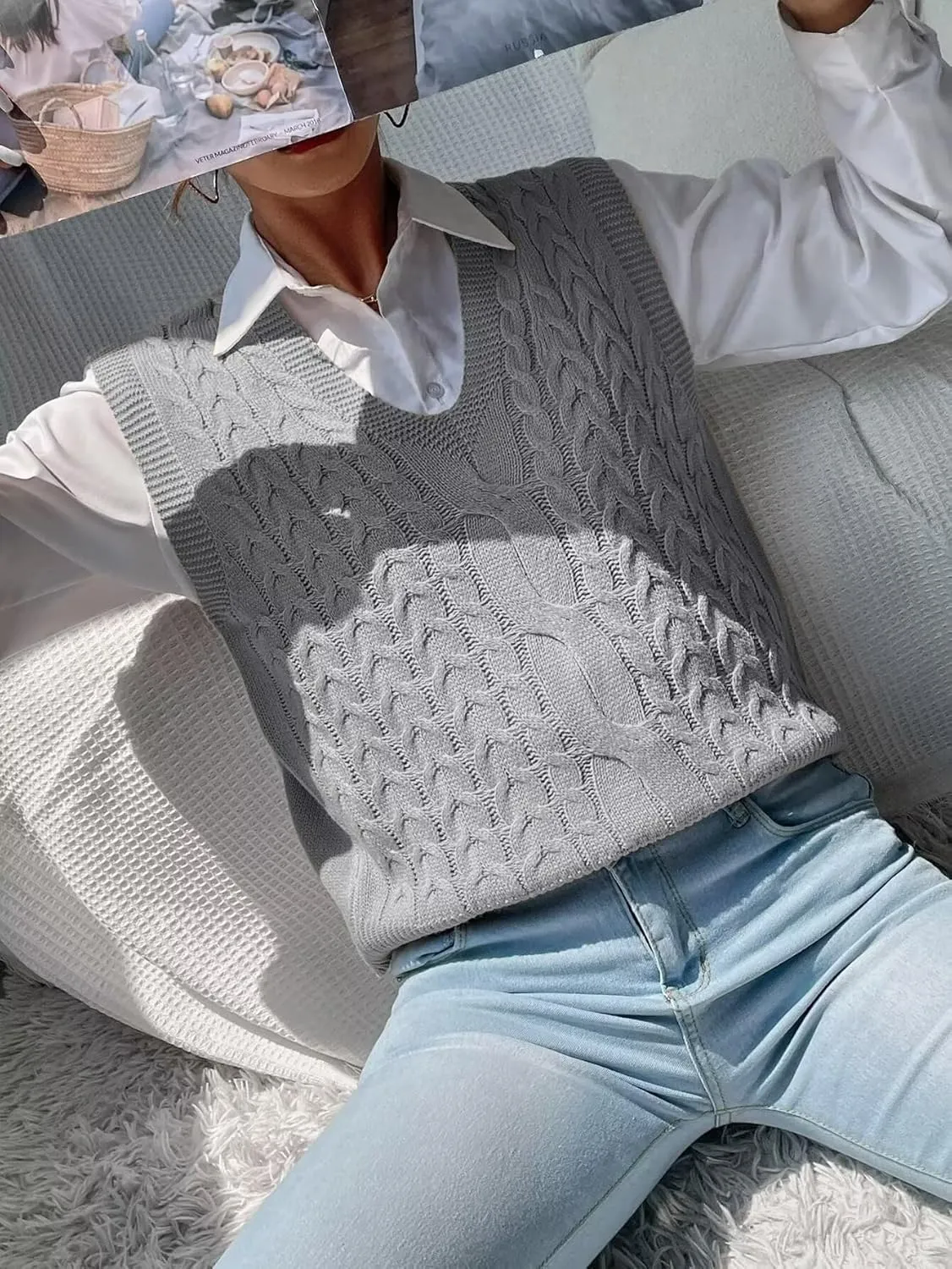 Women's Casual V Neck Cable Knit Sweater Vest Solid Sleeveless Tank Tops Women Vest