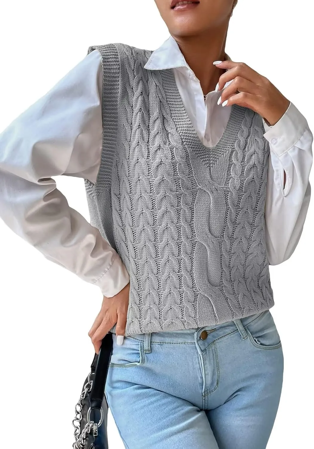 Women's Casual V Neck Cable Knit Sweater Vest Solid Sleeveless Tank Tops Women Vest