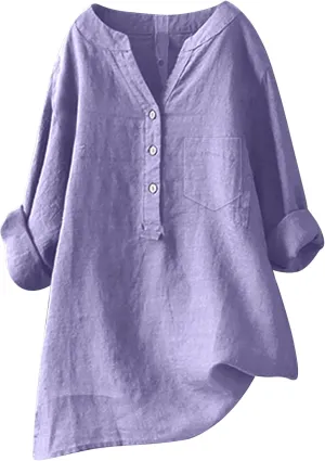 Womens Cotton Linen Button Down Shirt 2025 Roll Up Long Sleeve Casual Solid Color Shirts Loose Work Tops with Pockets