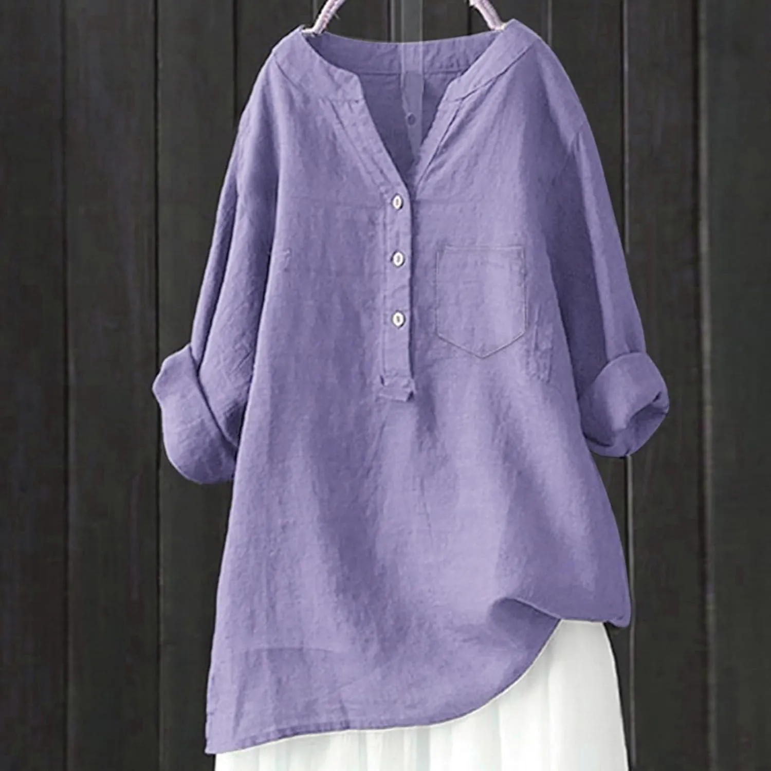 Womens Cotton Linen Button Down Shirt 2025 Roll Up Long Sleeve Casual Solid Color Shirts Loose Work Tops with Pockets