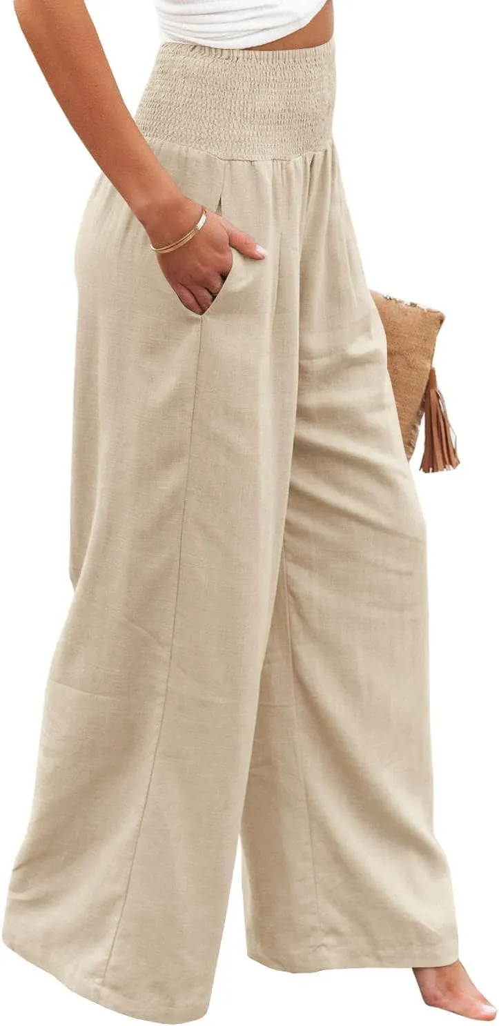 Womens Cotton Linen Palazzo Pants Wide Leg Flowy Loose Comfy Elastic High Waisted Long Trousers with Pocket