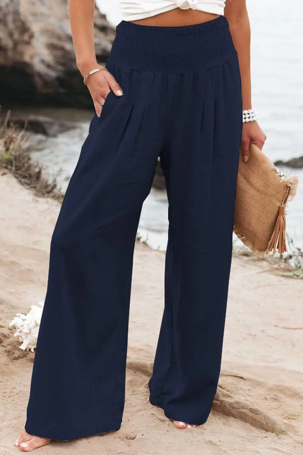 Womens Cotton Linen Palazzo Pants Wide Leg Flowy Loose Comfy Elastic High Waisted Long Trousers with Pocket