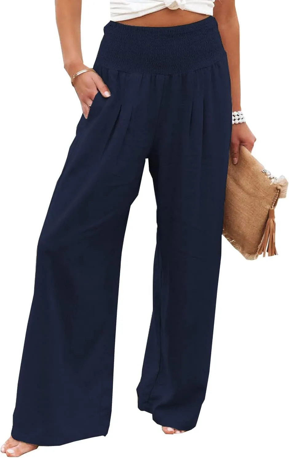 Womens Cotton Linen Palazzo Pants Wide Leg Flowy Loose Comfy Elastic High Waisted Long Trousers with Pocket