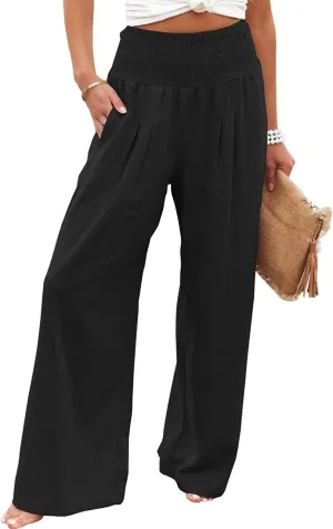 Womens Cotton Linen Palazzo Pants Wide Leg Flowy Loose Comfy Elastic High Waisted Long Trousers with Pocket