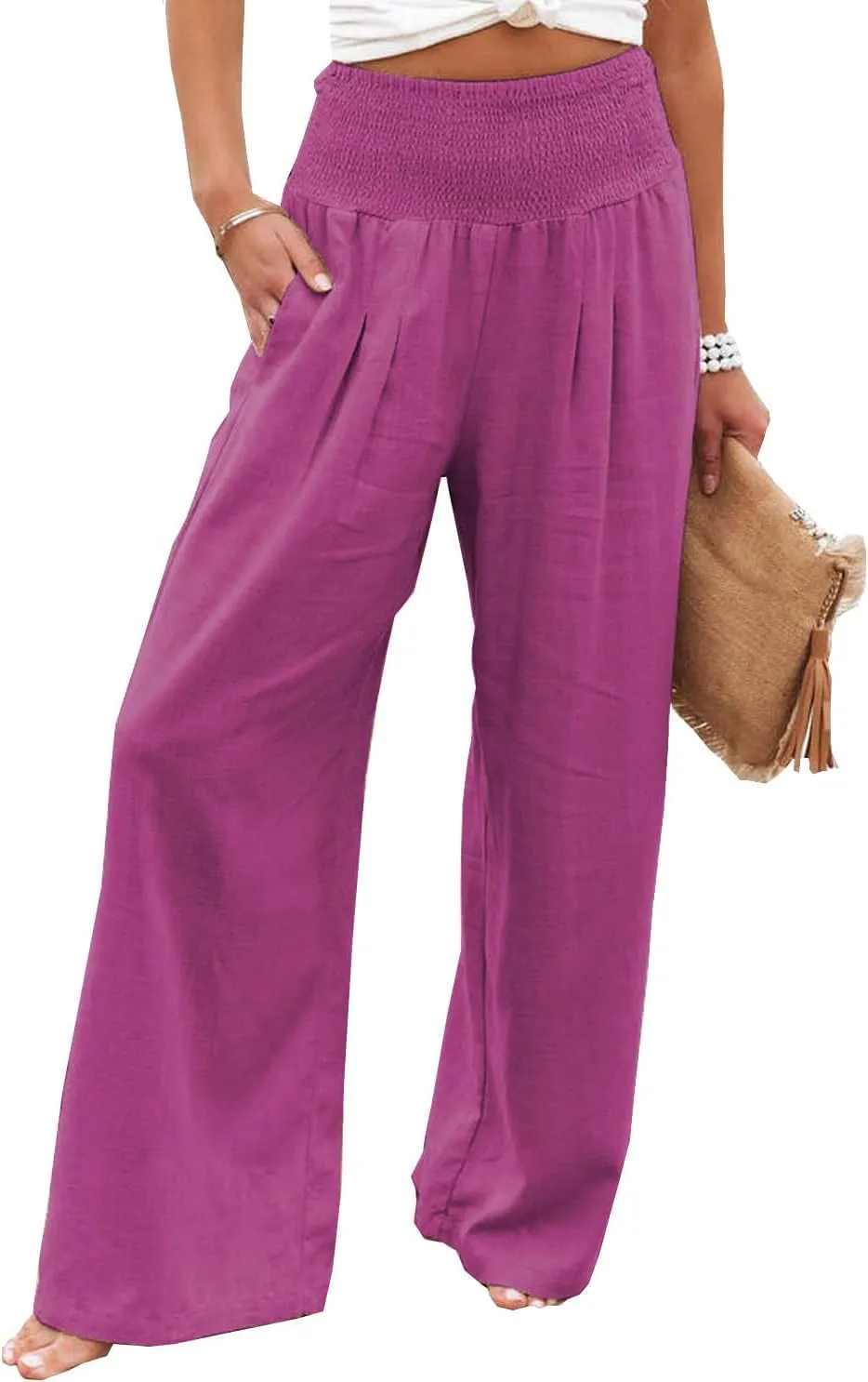 Womens Cotton Linen Palazzo Pants Wide Leg Flowy Loose Comfy Elastic High Waisted Long Trousers with Pocket