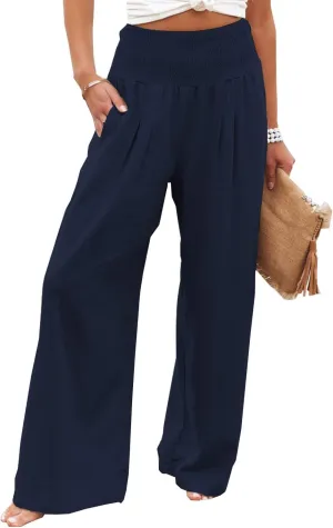 Womens Cotton Linen Palazzo Pants Wide Leg Flowy Loose Comfy Elastic High Waisted Long Trousers with Pocket