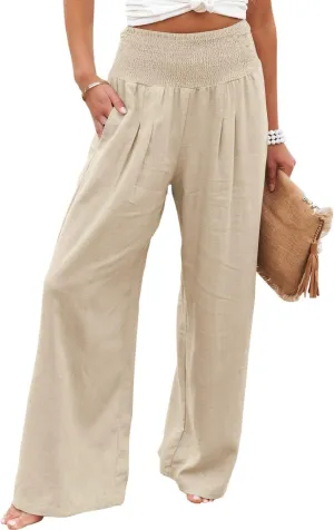 Womens Cotton Linen Palazzo Pants Wide Leg Flowy Loose Comfy Elastic High Waisted Long Trousers with Pocket