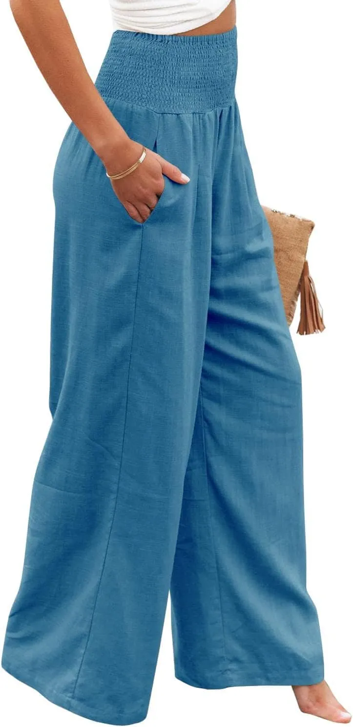 Womens Cotton Linen Palazzo Pants Wide Leg Flowy Loose Comfy Elastic High Waisted Long Trousers with Pocket