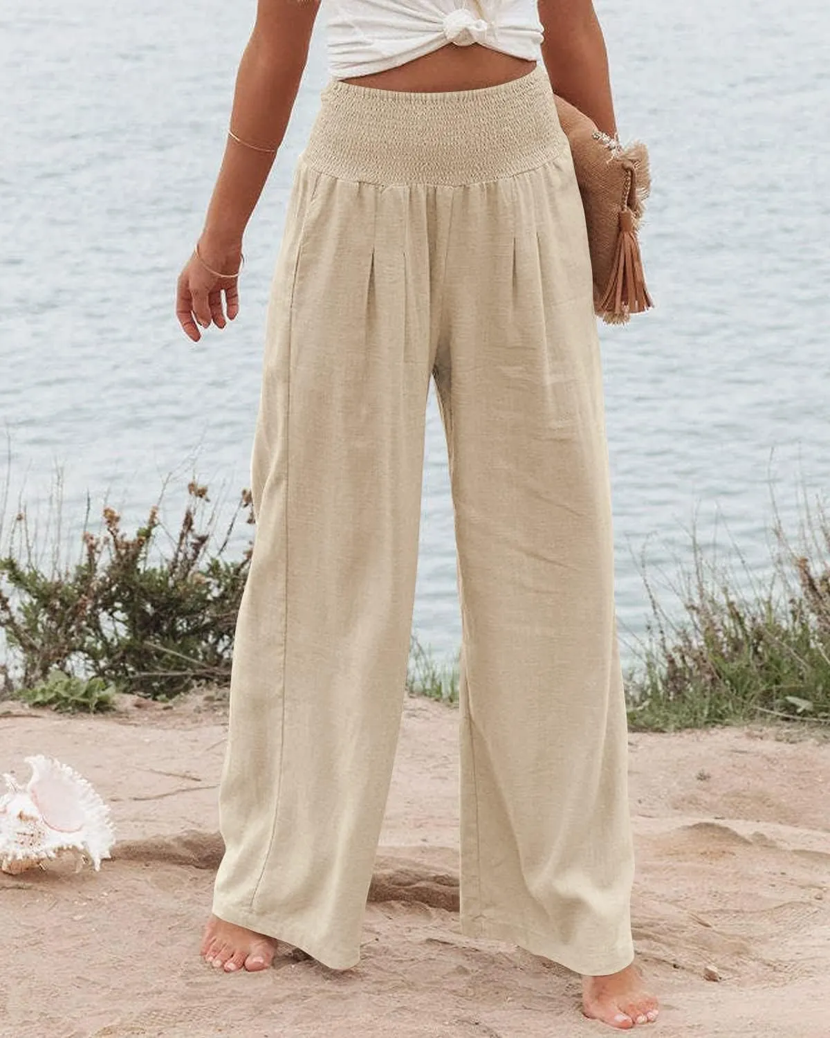 Womens Cotton Linen Palazzo Pants Wide Leg Flowy Loose Comfy Elastic High Waisted Long Trousers with Pocket