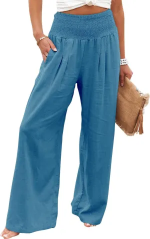 Womens Cotton Linen Palazzo Pants Wide Leg Flowy Loose Comfy Elastic High Waisted Long Trousers with Pocket