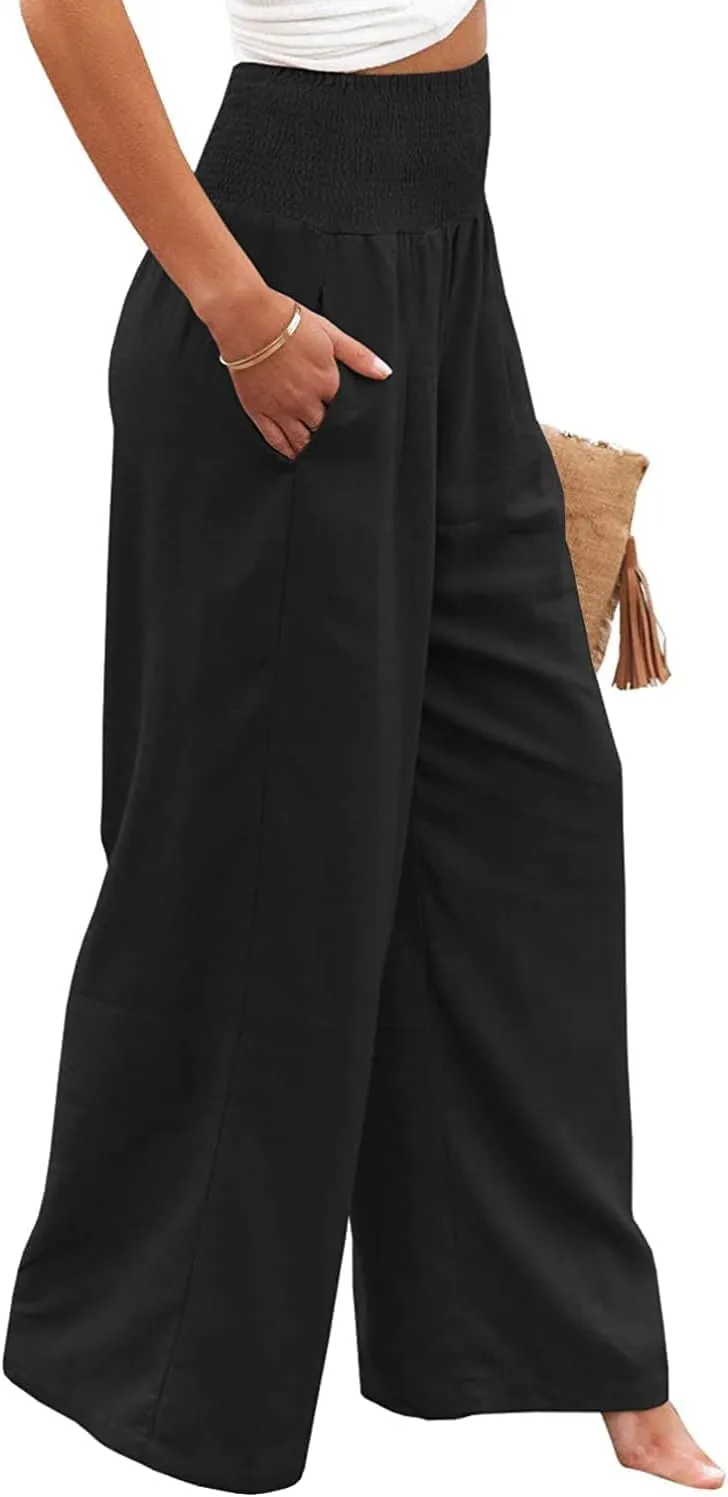 Womens Cotton Linen Palazzo Pants Wide Leg Flowy Loose Comfy Elastic High Waisted Long Trousers with Pocket