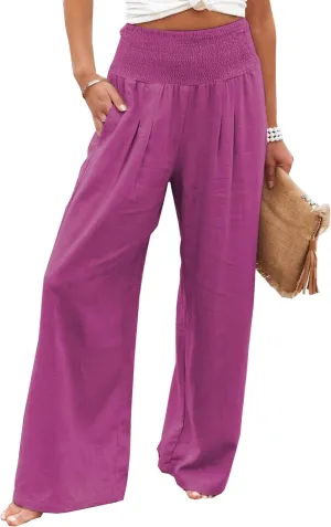 Womens Cotton Linen Palazzo Pants Wide Leg Flowy Loose Comfy Elastic High Waisted Long Trousers with Pocket