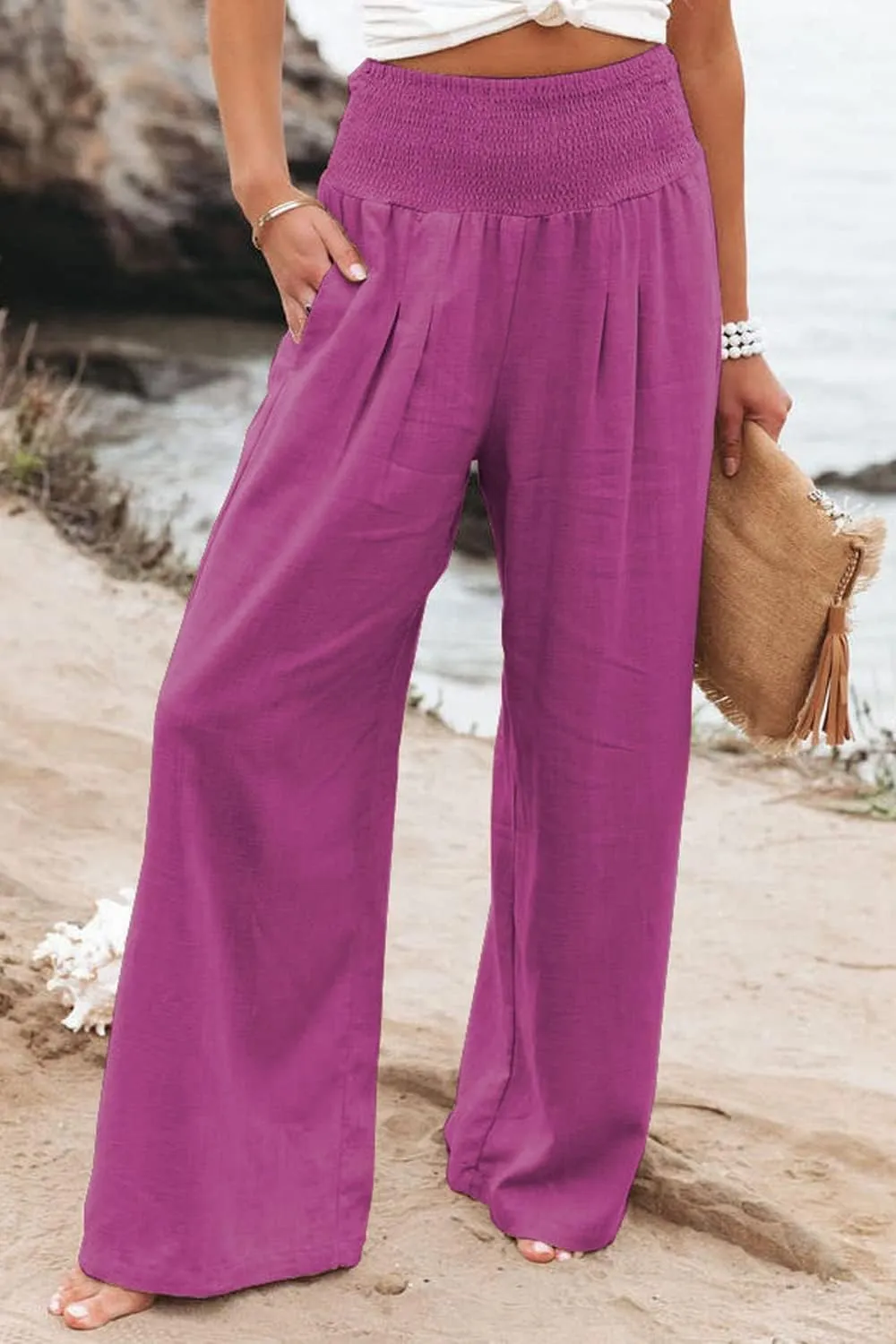 Womens Cotton Linen Palazzo Pants Wide Leg Flowy Loose Comfy Elastic High Waisted Long Trousers with Pocket