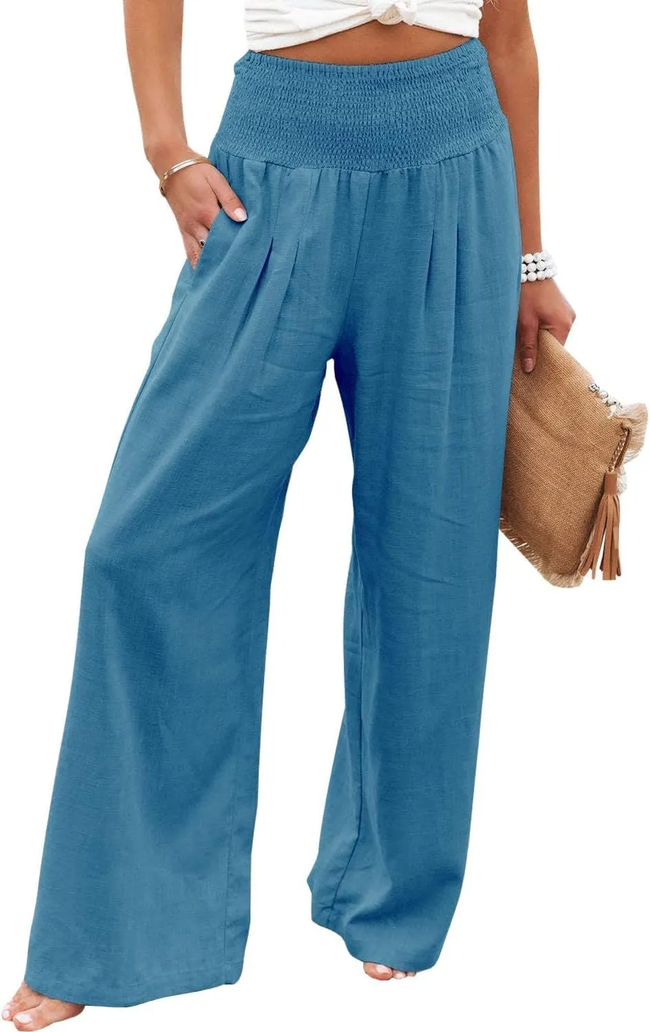 Womens Cotton Linen Palazzo Pants Wide Leg Flowy Loose Comfy Elastic High Waisted Long Trousers with Pocket