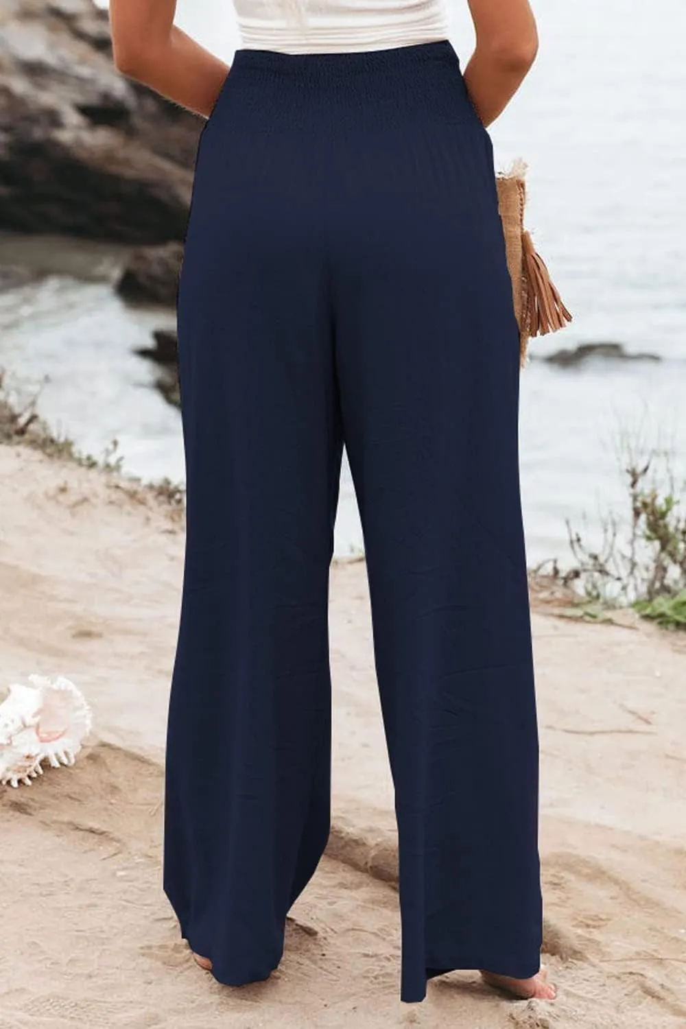 Womens Cotton Linen Palazzo Pants Wide Leg Flowy Loose Comfy Elastic High Waisted Long Trousers with Pocket