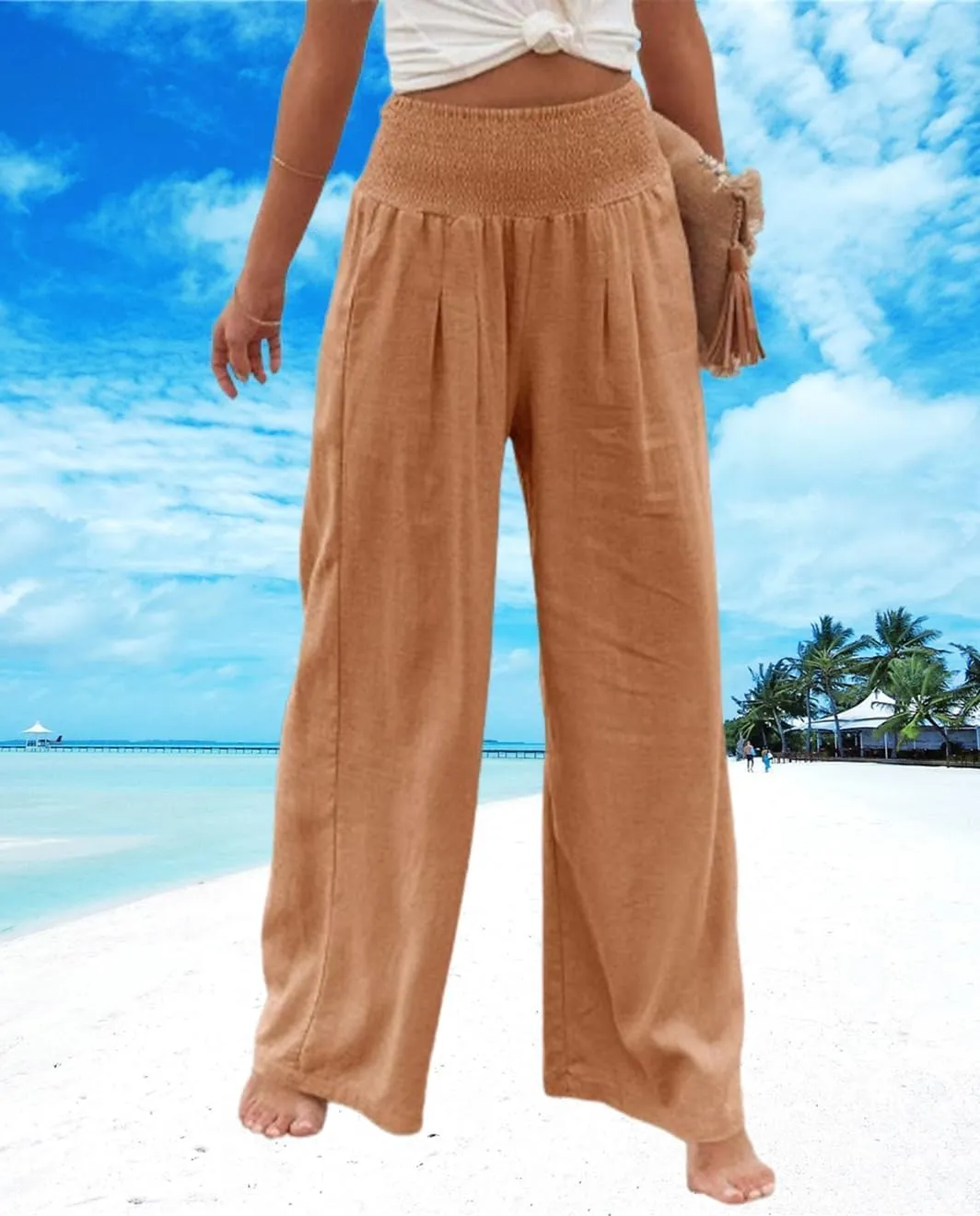 Womens Cotton Linen Palazzo Pants Wide Leg Flowy Loose Comfy Elastic High Waisted Long Trousers with Pocket