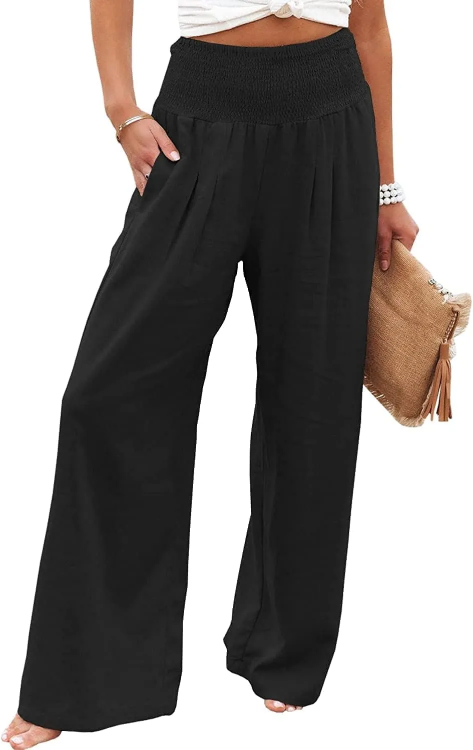 Womens Cotton Linen Palazzo Pants Wide Leg Flowy Loose Comfy Elastic High Waisted Long Trousers with Pocket