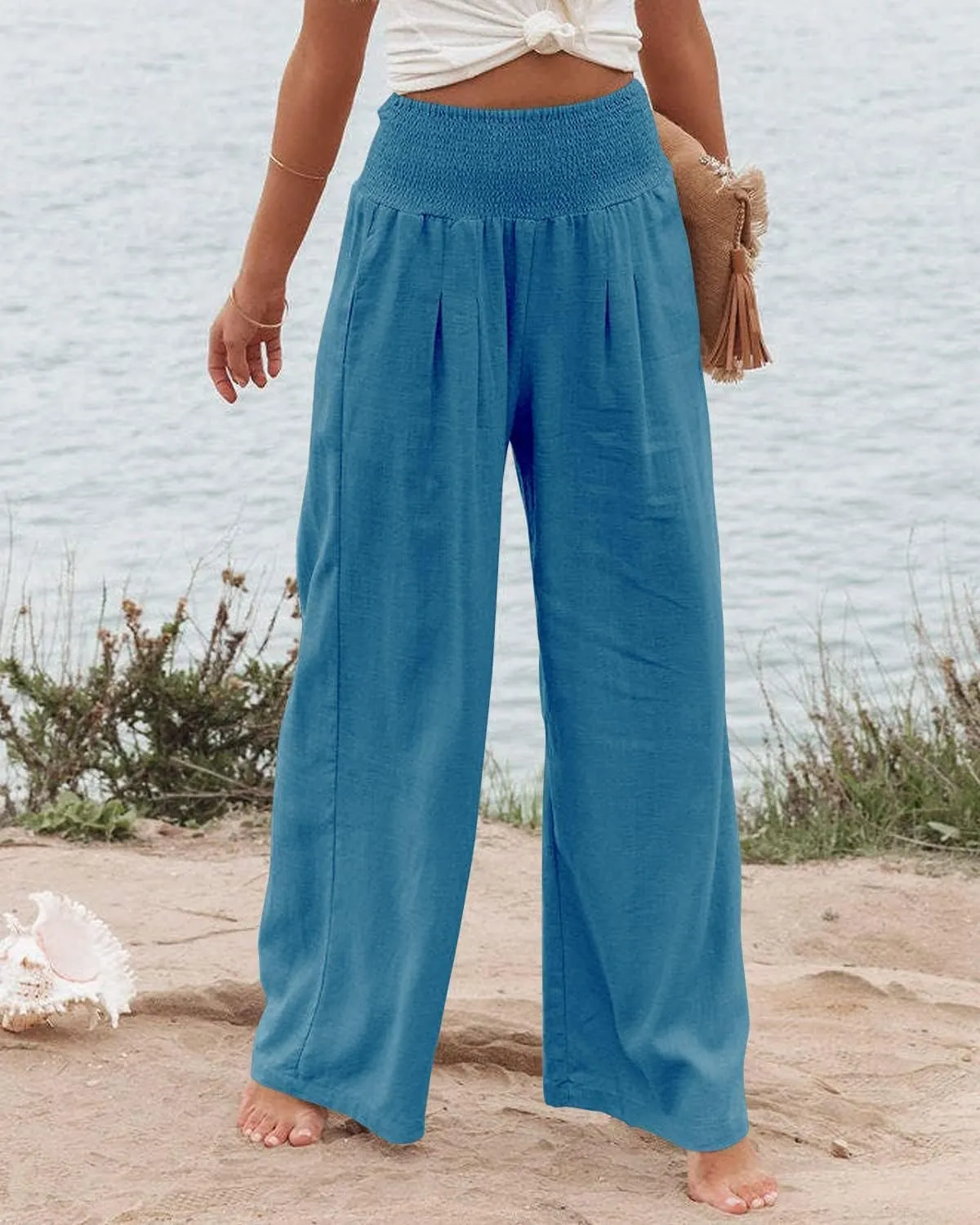 Womens Cotton Linen Palazzo Pants Wide Leg Flowy Loose Comfy Elastic High Waisted Long Trousers with Pocket