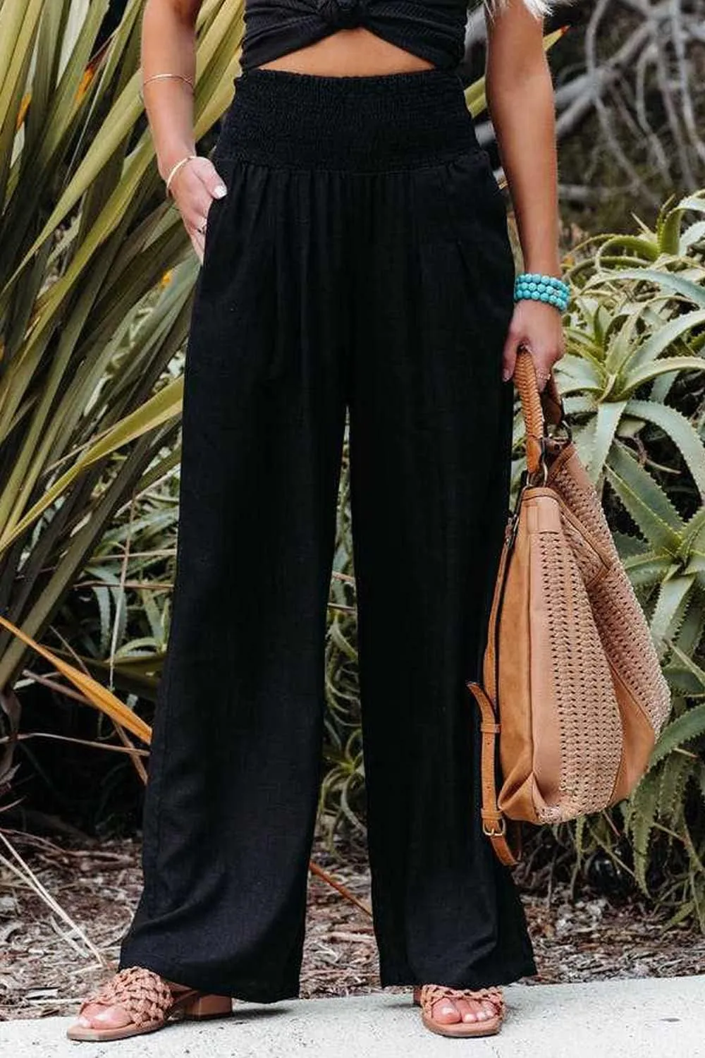 Womens Cotton Linen Palazzo Pants Wide Leg Flowy Loose Comfy Elastic High Waisted Long Trousers with Pocket