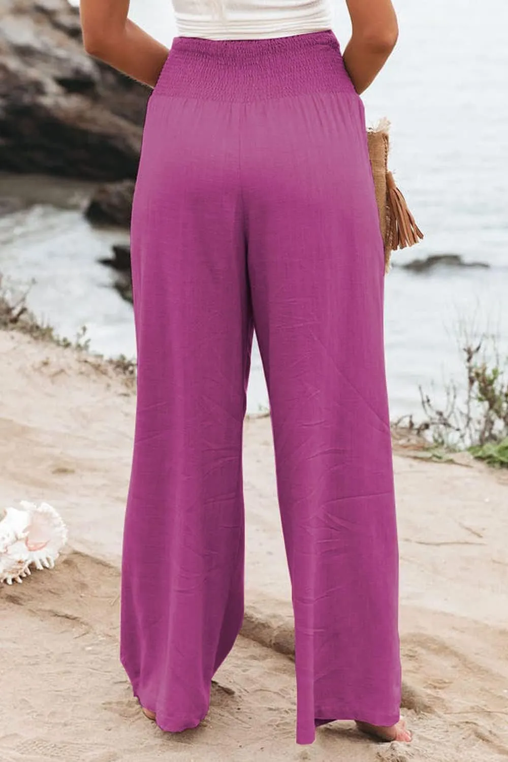 Womens Cotton Linen Palazzo Pants Wide Leg Flowy Loose Comfy Elastic High Waisted Long Trousers with Pocket