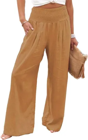 Womens Cotton Linen Palazzo Pants Wide Leg Flowy Loose Comfy Elastic High Waisted Long Trousers with Pocket