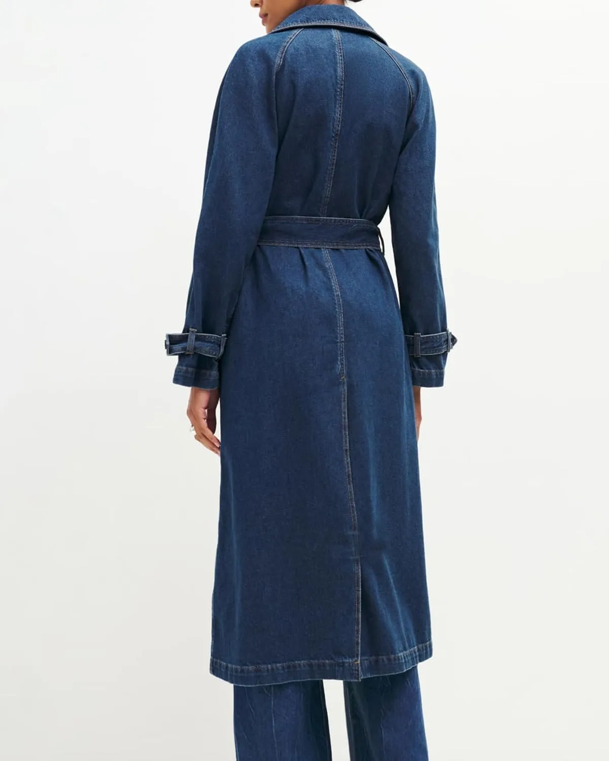 Women's Denim Trench Coat Double Breasted Jean Midi Overcoat Classic Lapel Long Jackets With Belt