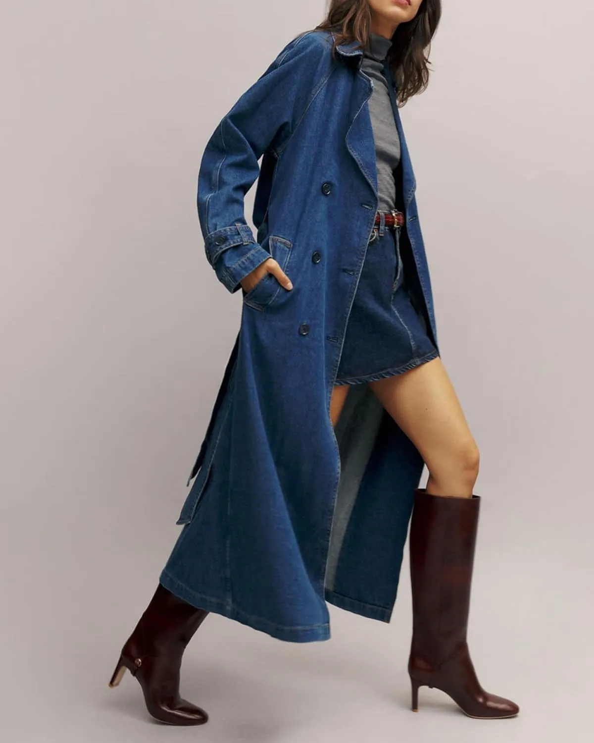 Women's Denim Trench Coat Double Breasted Jean Midi Overcoat Classic Lapel Long Jackets With Belt