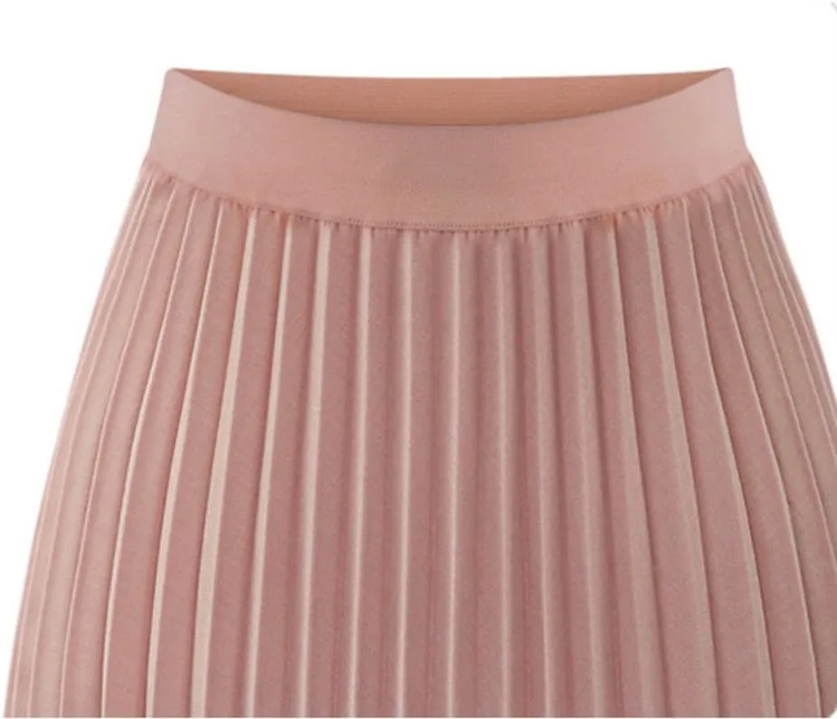 Women's Elegant Pleated Maxi Skirt Solid Color Elastic Waist Midi Skirt High Waisted A-Line Dress Skirt