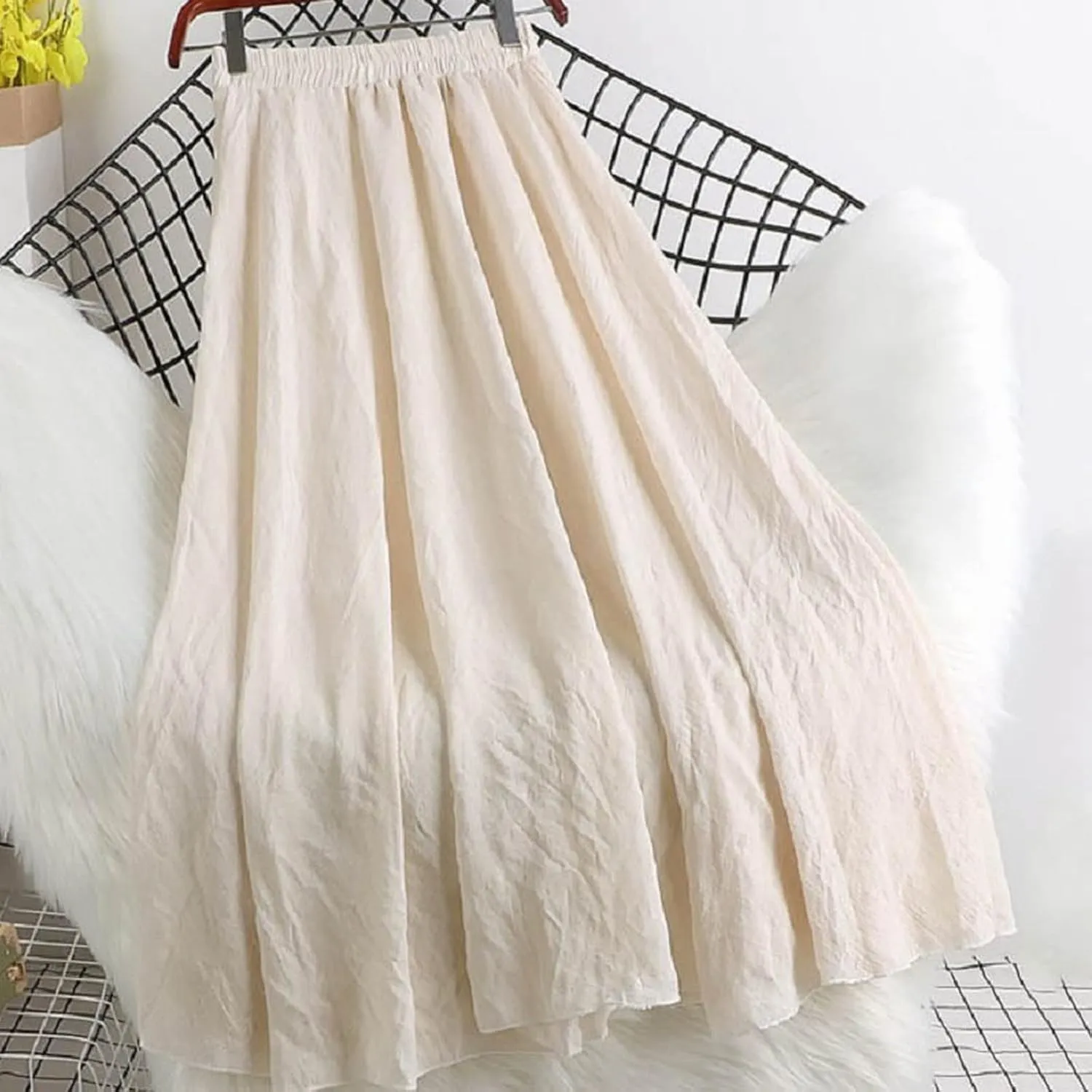 Women's Elegant Pleated Maxi Skirt Solid Color Elastic Waist Midi Skirt High Waisted A-Line Dress Skirt