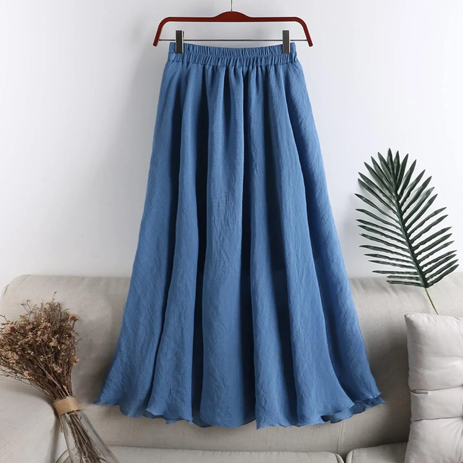 Women's Elegant Pleated Maxi Skirt Solid Color Elastic Waist Midi Skirt High Waisted A-Line Dress Skirt
