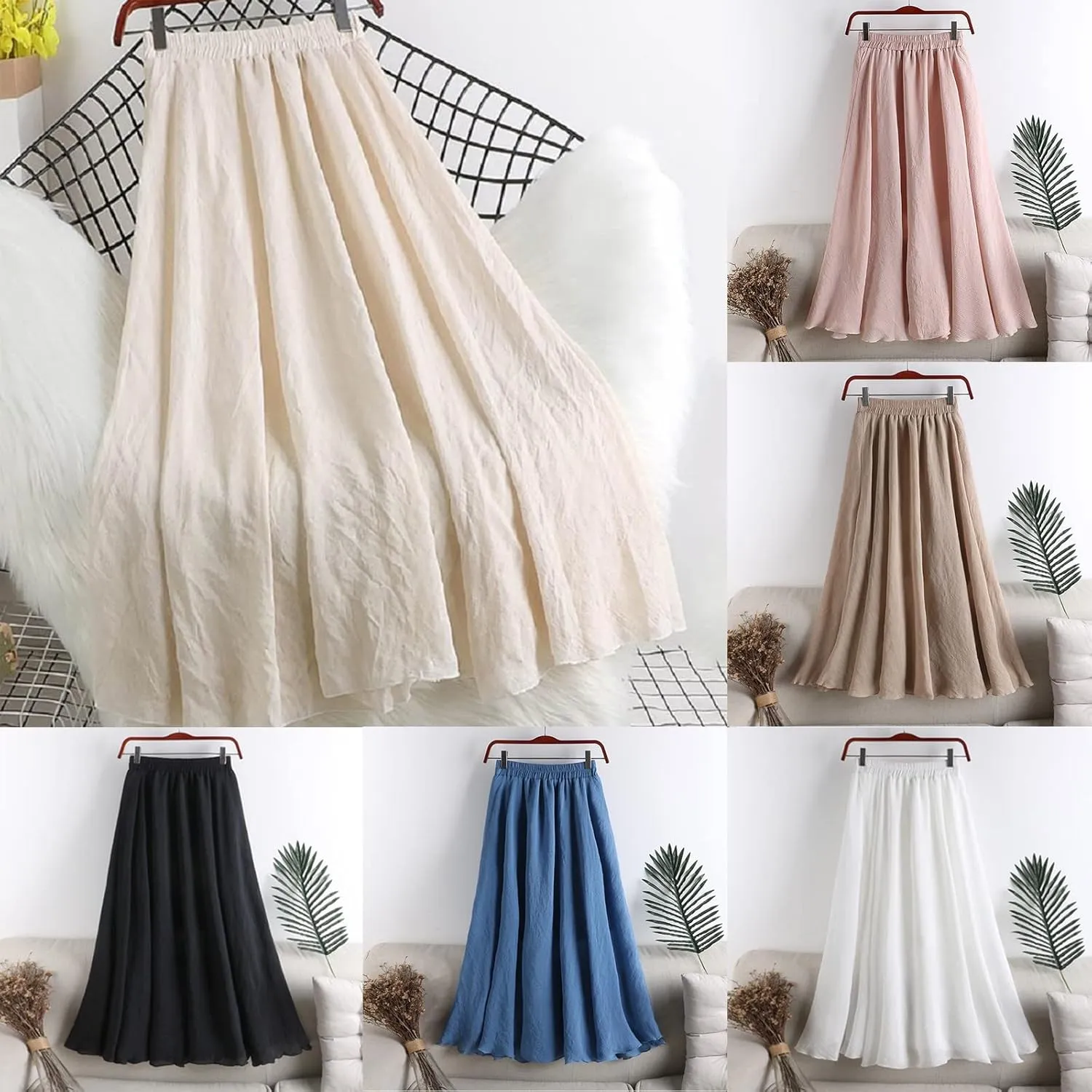 Women's Elegant Pleated Maxi Skirt Solid Color Elastic Waist Midi Skirt High Waisted A-Line Dress Skirt