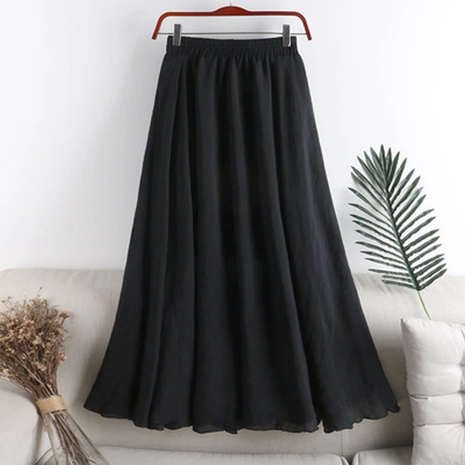 Women's Elegant Pleated Maxi Skirt Solid Color Elastic Waist Midi Skirt High Waisted A-Line Dress Skirt