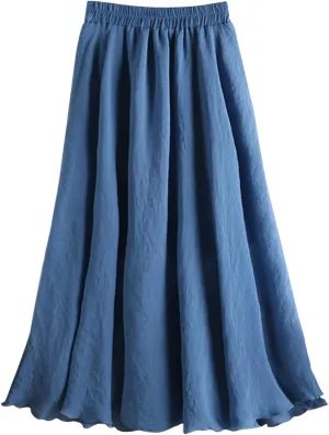 Women's Elegant Pleated Maxi Skirt Solid Color Elastic Waist Midi Skirt High Waisted A-Line Dress Skirt