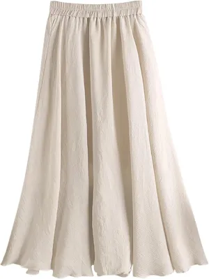 Women's Elegant Pleated Maxi Skirt Solid Color Elastic Waist Midi Skirt High Waisted A-Line Dress Skirt