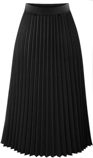 Women's Elegant Pleated Maxi Skirt Solid Color Elastic Waist Midi Skirt High Waisted A-Line Dress Skirt