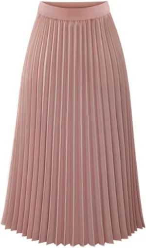 Women's Elegant Pleated Maxi Skirt Solid Color Elastic Waist Midi Skirt High Waisted A-Line Dress Skirt