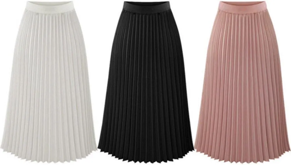 Women's Elegant Pleated Maxi Skirt Solid Color Elastic Waist Midi Skirt High Waisted A-Line Dress Skirt