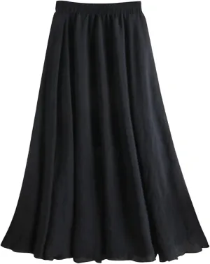 Women's Elegant Pleated Maxi Skirt Solid Color Elastic Waist Midi Skirt High Waisted A-Line Dress Skirt