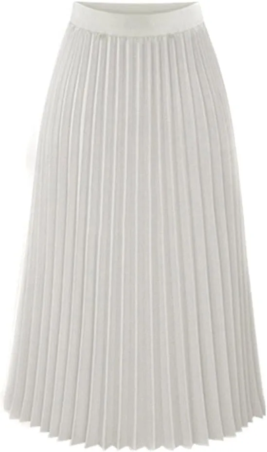 Women's Elegant Pleated Maxi Skirt Solid Color Elastic Waist Midi Skirt High Waisted A-Line Dress Skirt