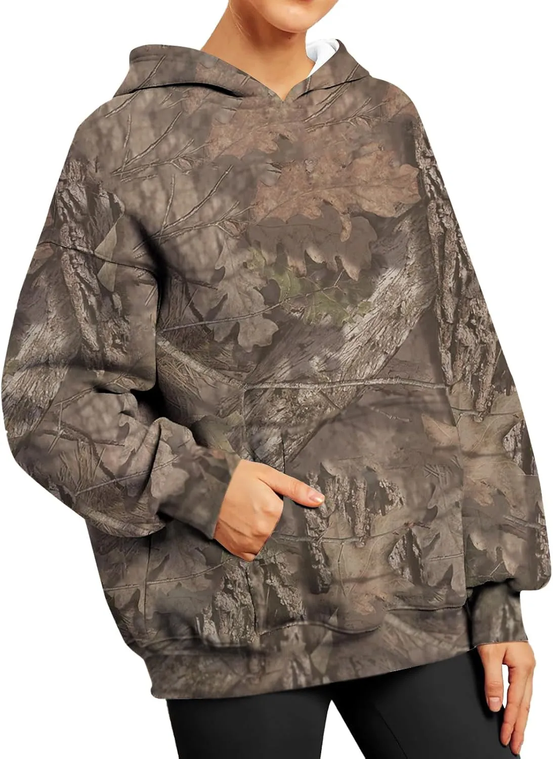 Women's Fall Outfits Camo Hoodie Maple-Leaf Print Vintage Sweatshirt Fleece Hooded Sweatshirt with Pockets