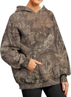 Women's Fall Outfits Camo Hoodie Maple-Leaf Print Vintage Sweatshirt Fleece Hooded Sweatshirt with Pockets