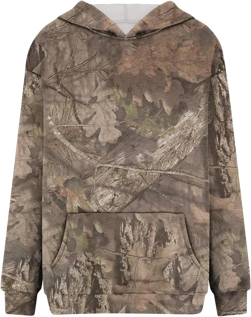 Women's Fall Outfits Camo Hoodie Maple-Leaf Print Vintage Sweatshirt Fleece Hooded Sweatshirt with Pockets