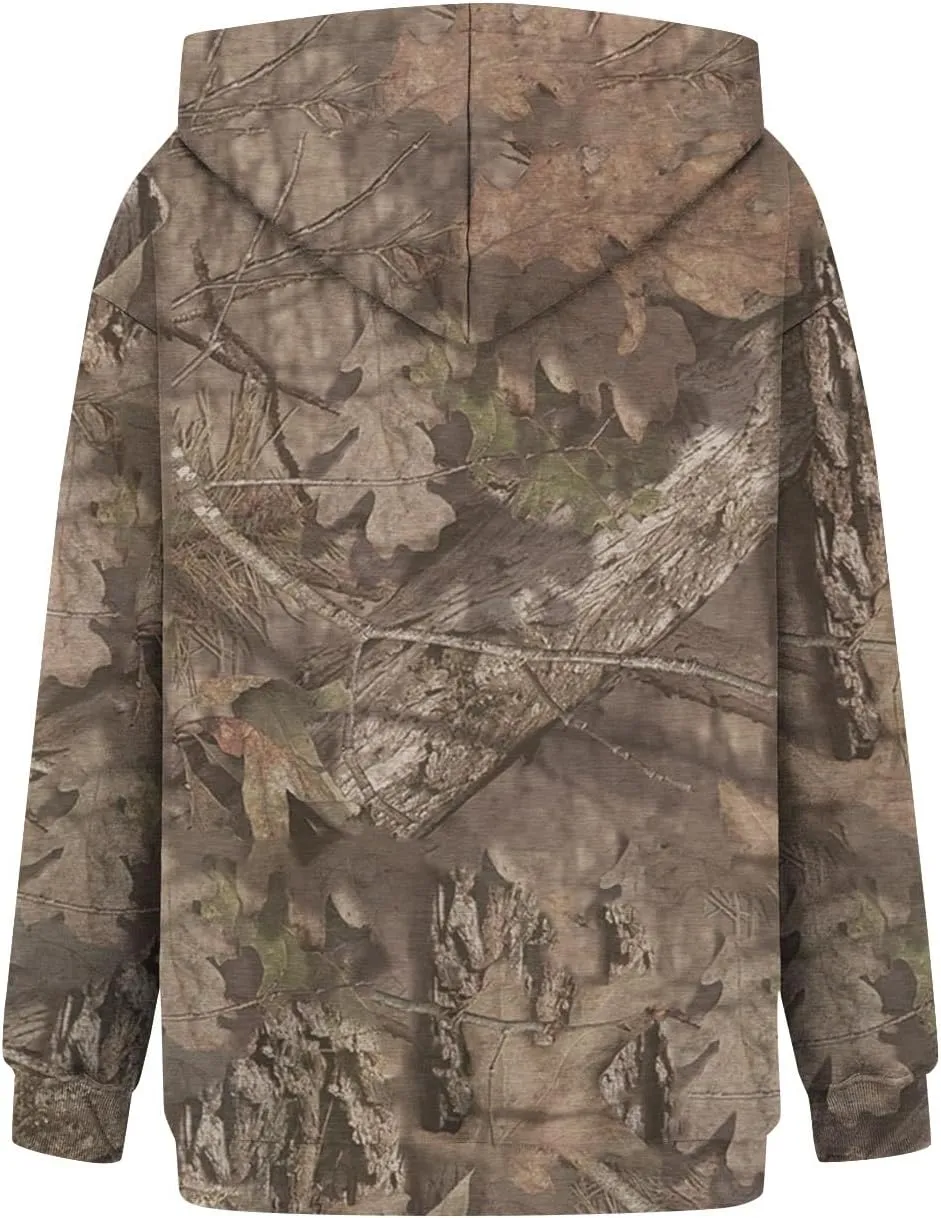 Women's Fall Outfits Camo Hoodie Maple-Leaf Print Vintage Sweatshirt Fleece Hooded Sweatshirt with Pockets